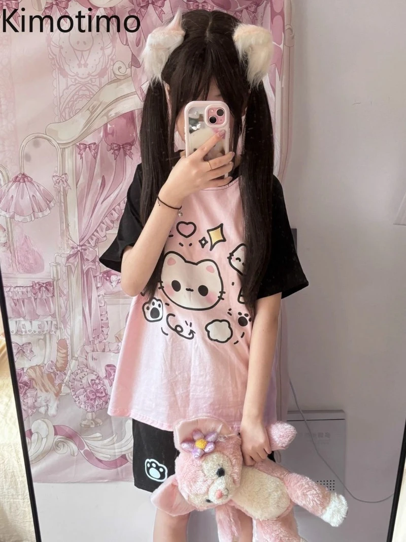 Kimotimo Y2k Anime Cartoon Cat Print T Shirt Women Summer Patchwork Short Sleeve Loose Tops Japanese Cute Vintage Harajuku Tees