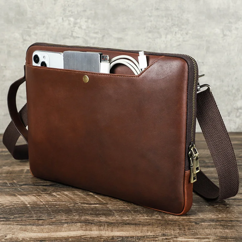 

Premium Genuine Leather Crazy Horse Cowhide Laptop Shoulder Bag Men's Vintage Business Work Bags Crossbody Briefcase for Tablet
