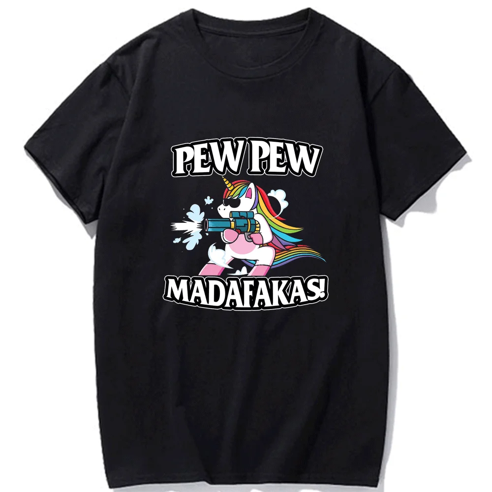 Pew Pew Madafakas Unicorn with Two Guns Printing Men Women Cotton T Shirts Summer Cotton Tops Funny Clothes Hip Hop Street Tees