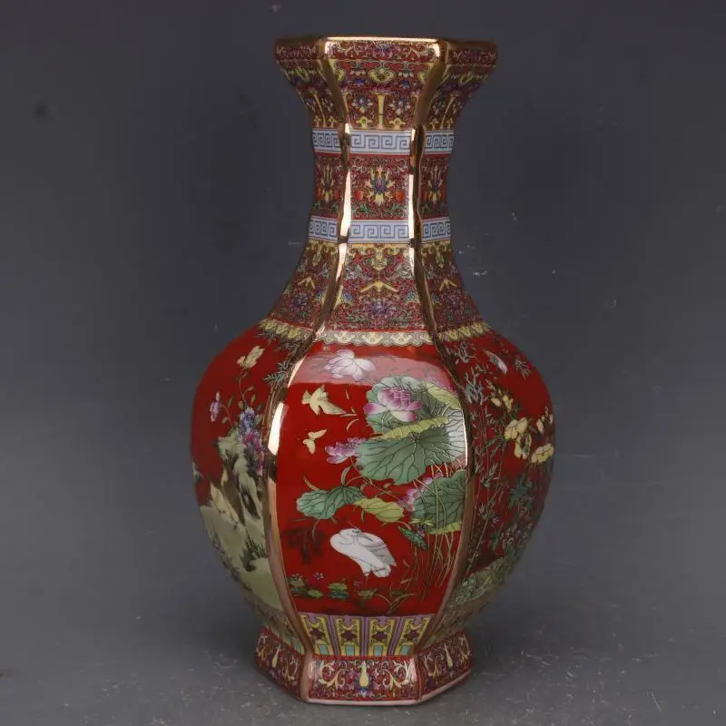 

Chinese Red Enamel Porcelain Qing Qianlong Flowers Birds Pattern Vase 10.1 Inch