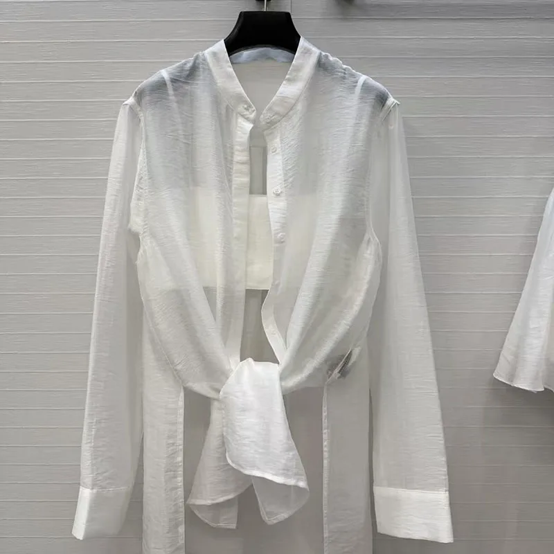 Women's Strapless Top + Stand-Up Collar Shirt + Mini Skirt, Loose-Fitting Top, Pleated Puff Skirt, 3-Piece Cotton-Linen Set, y2k view 3