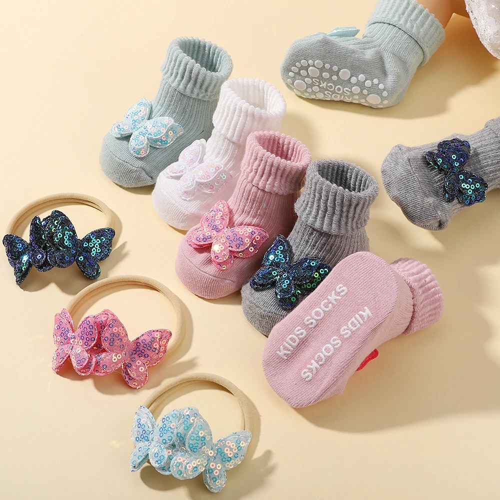 Baby Headband socks set For Girls Elastic Knit Children Baby Bows Soft Nylon Hair band with Infant Glitter Butterfly Socks