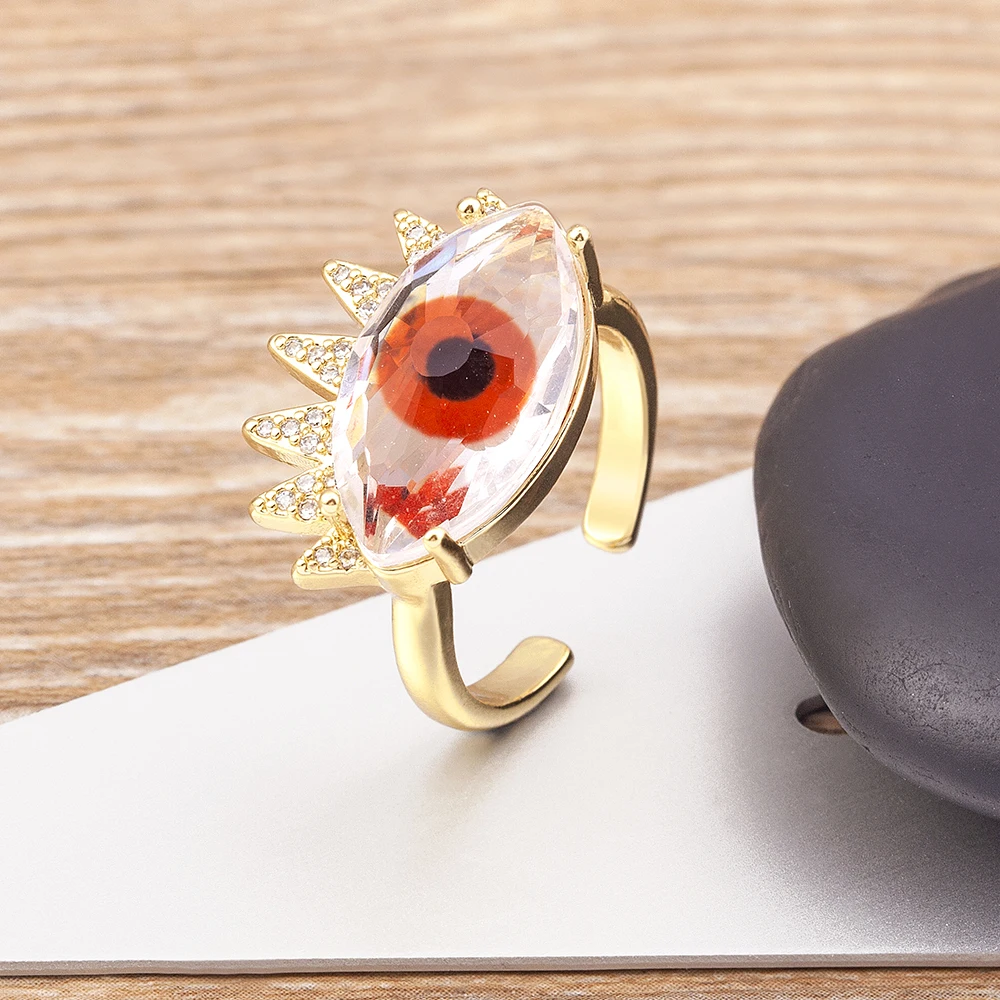 Nidin Trendy Bohemian Lucky Colorful Evil Eye Transparent Rhinestone Opening Adjustable Ring Womem Elegant Jewelry Fine Gift