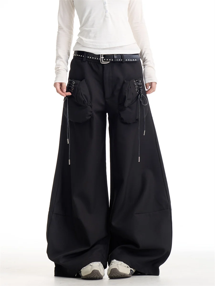 

American Retro Hot Girl Design Multi-Pocket Loose Wide Leg Casual Pants Women Autumn Winter Loose Wide Leg Long Trousers