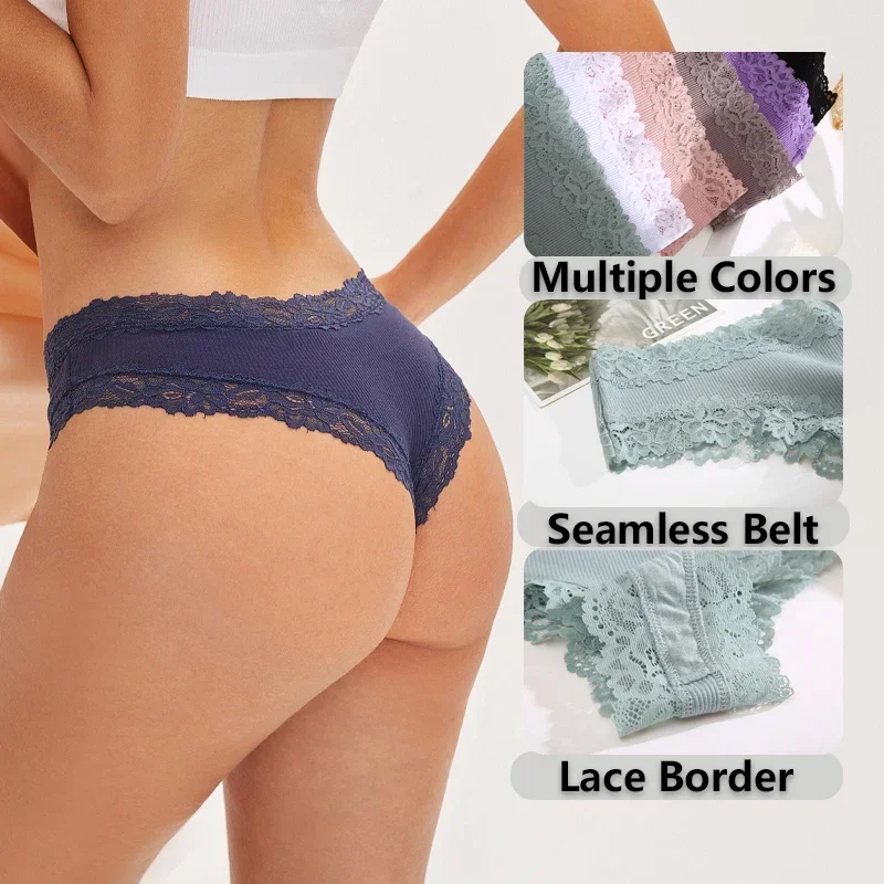 Women's Cotton Brazilian Panties Sexy Lace Floral Lingerie For Female Seamless Low Rise Briefs Ladies Intimates Lingerie