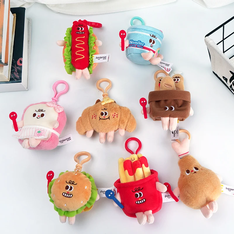 Kawaii Creative Chef Plush Pendant Keychain Children Toys French Fries Hot Dog Baguette Toast Instant Noodles Funny Decor Gift