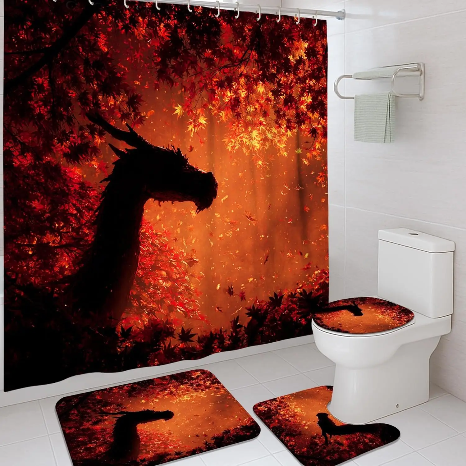 

4 шт., набор занавесок для душа с драконом, оранжевый, красный, осенний лист, коврик для ванной, аксессуары для декора ванной комнаты, осенняя современная водонепроницаемая ткань