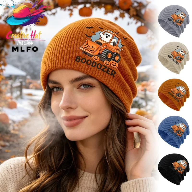 Unique Novelty Slouchy Beanie, Ghost Bulldozer Halloween Print, Perfect for Halloween Party & Fall Daily