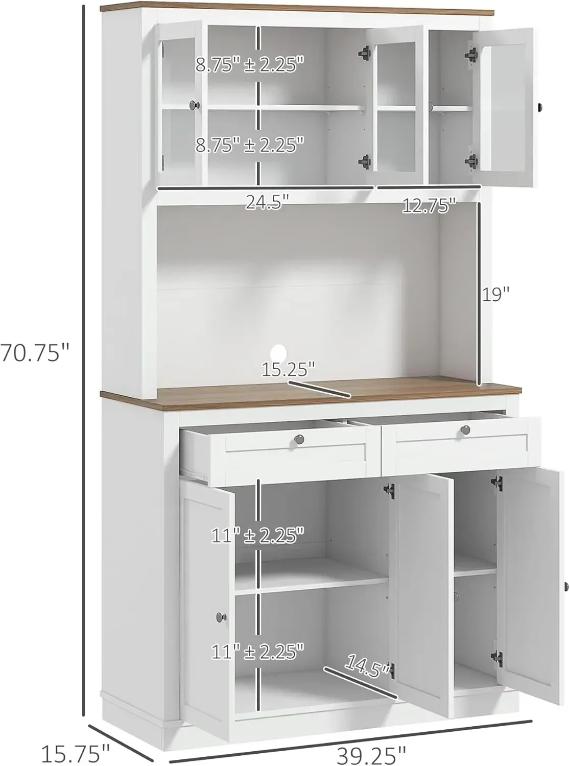 Freestanding White Kitchen Pantry Cabinet With Microwave Stand Two Drawers Adjustable Shelves Glass Recessed Doors Dining Room B