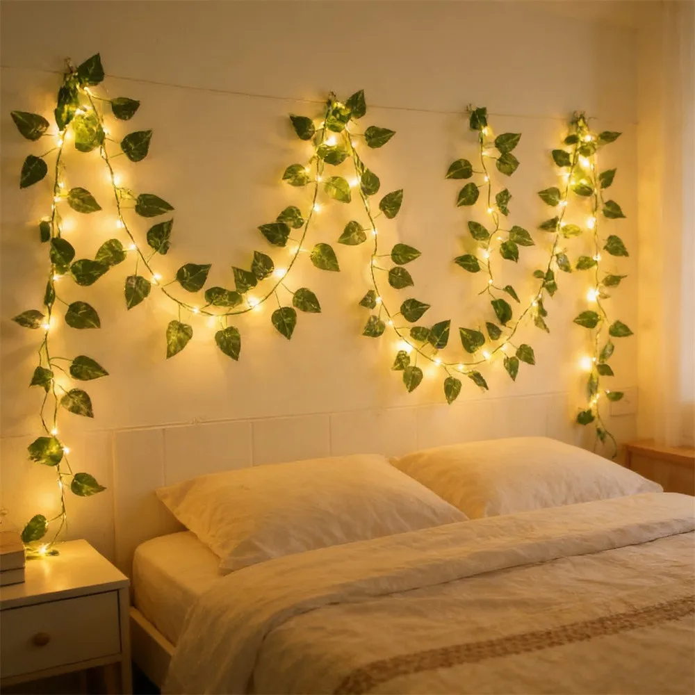 

LED Green Rattan Leaf Fairy Light String Battery Power Outdoor Garden Wedding Ramadan Home Room Decoration Holiday Garland Lamp