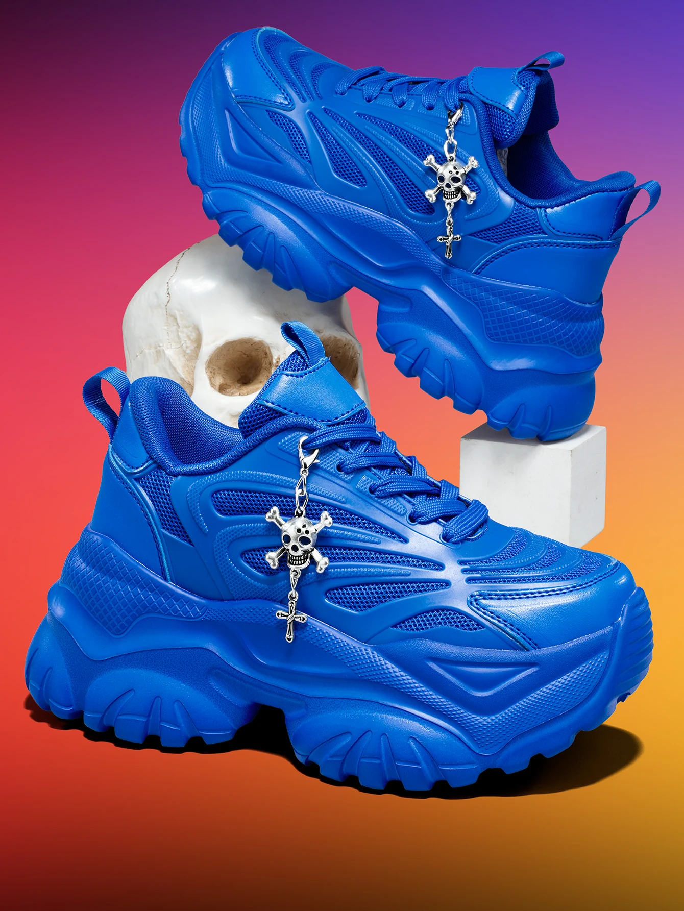Women's Outdoor Four-Season Fashion Dad Shoes, EVA Lightweight Thick Sole, 7CM Height Increase, Blue Sneakers, Paired with Halloween Punk Style Detachable Silver Cross Skull Pendant, Versatile for Daily Commuting and F view 6