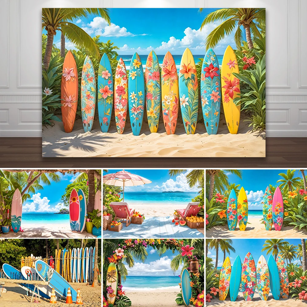 

Summer Surfboard Seaside Background Palm Tree Plant Coconut Tree Beach Summer Party Holiday Birthday Decor Photography Backdrop