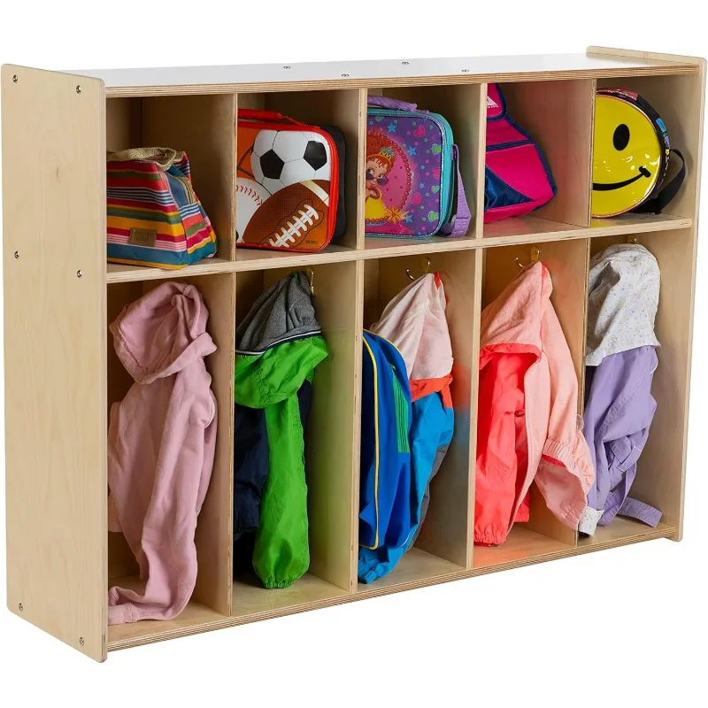 5-Section Coat Locker with Cubbies, Wooden Backpack Storage Organizer with Coat Hooks and Cubby Storage Organizer Cubes for Kids