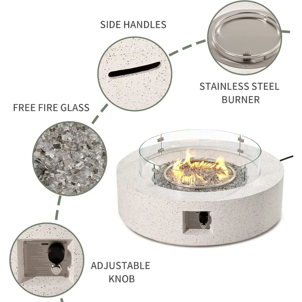 طاولة حفرة النار الخارجية من البروبان مقاس 42 بوصة، سخان فناء مستدير مع واقي للرياح من الفولاذ المقاوم للصدأ