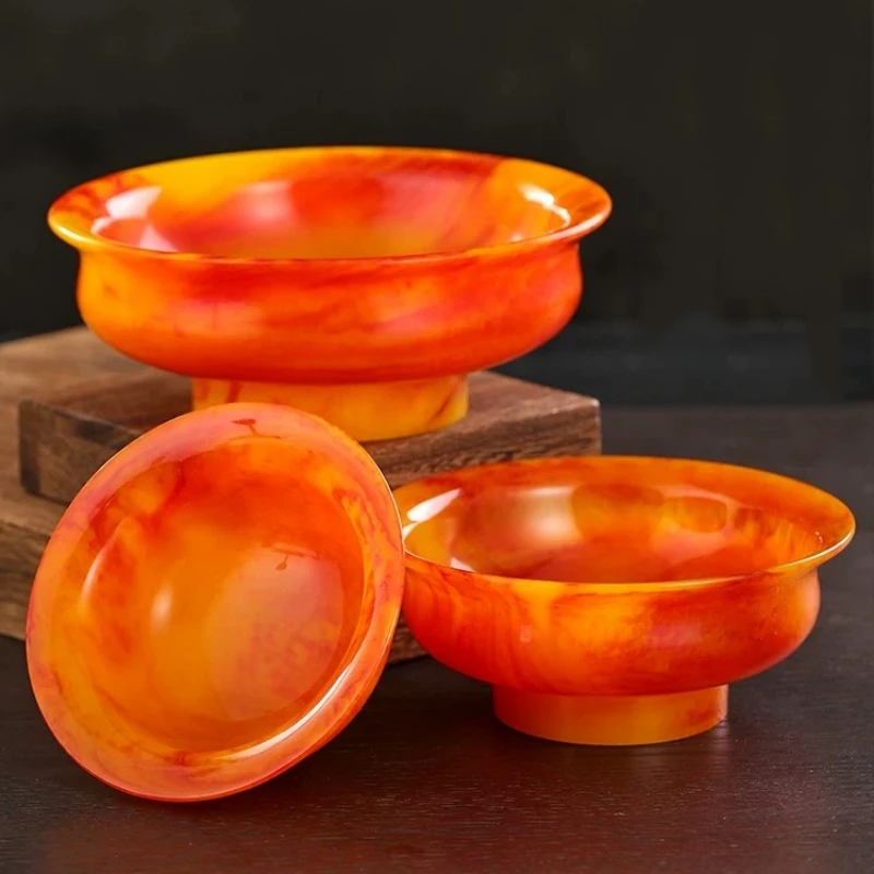Tibetan Amber Holy Water Bowl,Tantra Brown Buddhism Altars Luster Bowl,Buddhist Religious Item Tray Living Room Decorative,15 cm