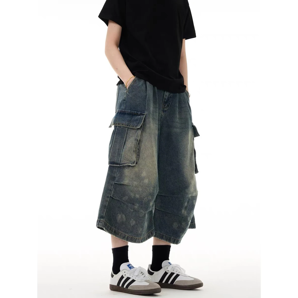 الرجعية الأمريكية Waed الدنيم orts الرجال فضفاضة تناسب سبعة أرباع طول ملابس العمل Sle عادية القطن البوليستر مزيج الجينز #3