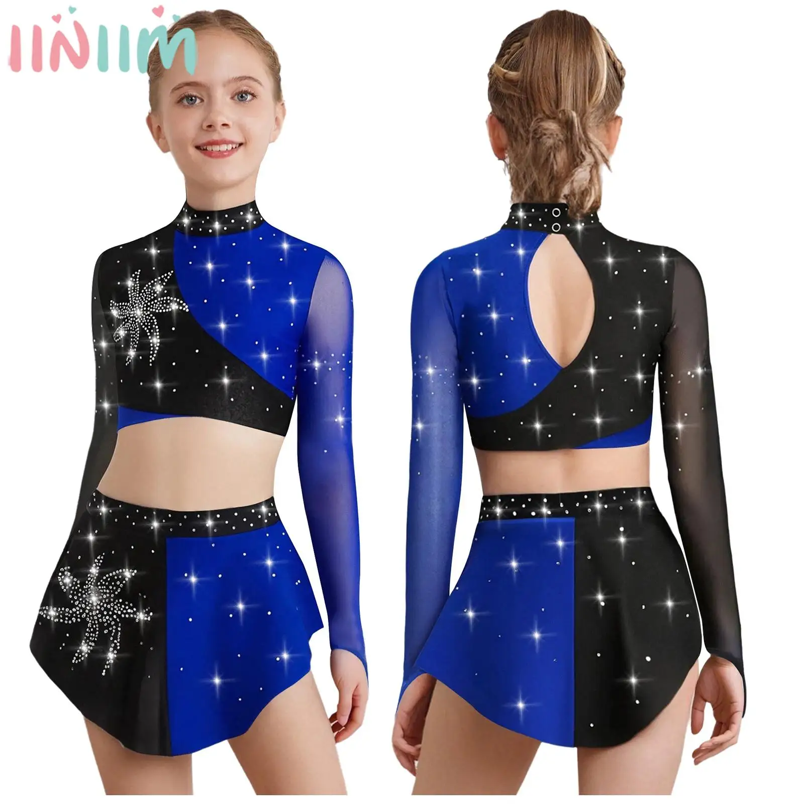 Girls Lyrical Dance Costume Sheer Mesh Long Sleeve Rhinestone Crop Top Leotard Skirt for Modern Dancing Figure Skating Ballet