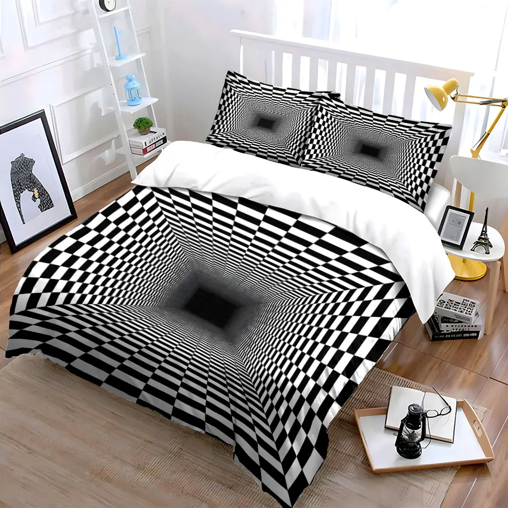 Black-and-white checkered endless tunnel Print Bedding Set 1 Duvet Cover 2 Pillowcases for Adult and Children Luxury Gift