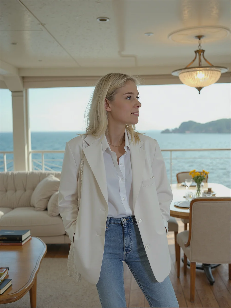 Solide einreihige klassische Blazer für Damenkleidung, strukturiertes Doodle-gefüttertes gemischtes Umarmungsfaden, schräg, akademisch, zart