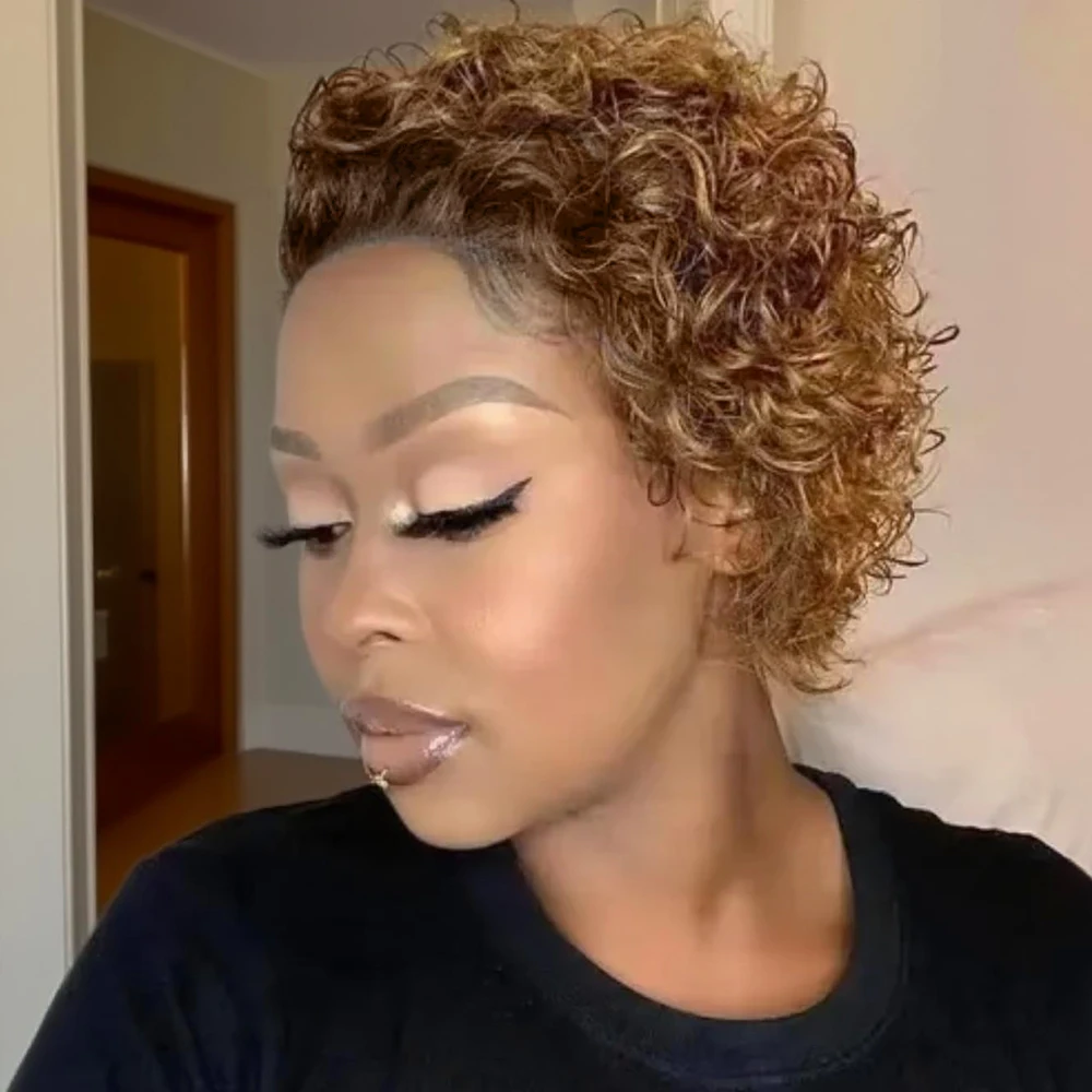 

4-27 Парики из вьющихся человеческих волос Pixes Cut Water Wave Lace Frontal Wig 13x1 HD Lace могут быть подогревом Натуральная линия волос Легко поддержание