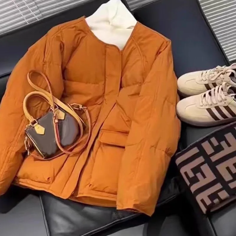 

Korean Style Casual Thickened Warm Women's Cotton Jacket Duck Down Feather Polyester Fiber Long Sleeve Zipper Pure Color Coat