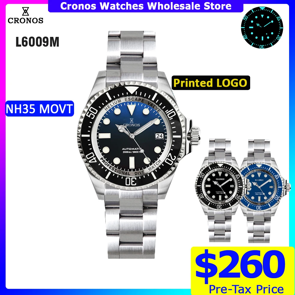 Cronos Automatic Diving Watch Stainless Steel 2000 Meters Water Resistance Professional Diver NH35 L6009M