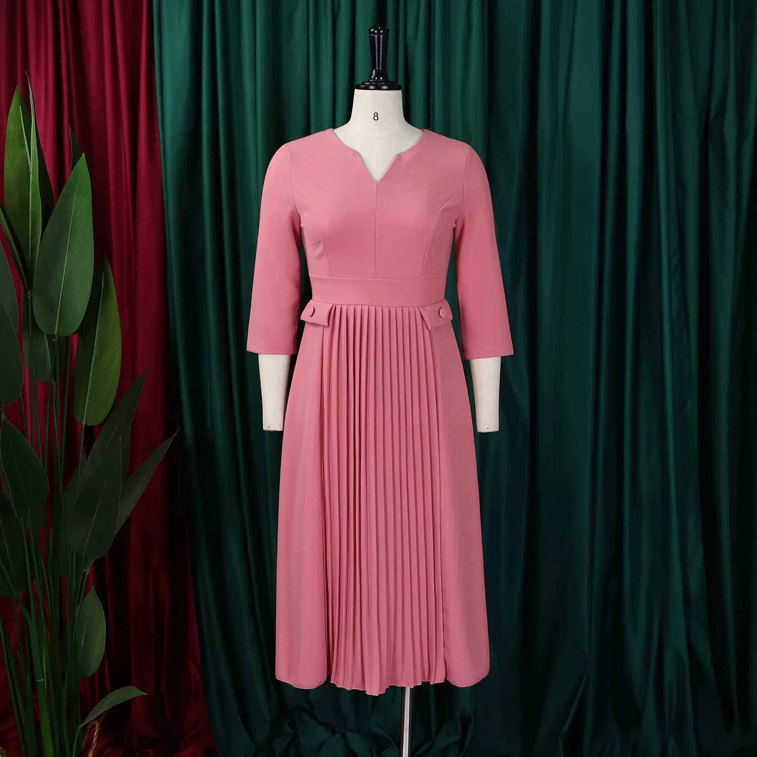 女性用プリーツミディドレス,ラウンドネック,女性用作業服,エレガントなオフィスドレス,ふくらはぎの中間,フォーマル,袖,七分袖