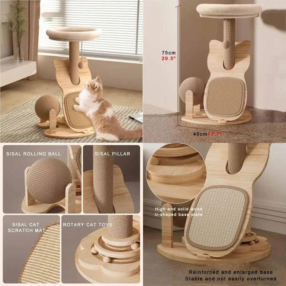 

универсальное домашнее кошачье дерево с сизалевым шестом, катящимся шариком, поворотным столом и прочным когтеточным ковриком на расширенной основе для нескольких c