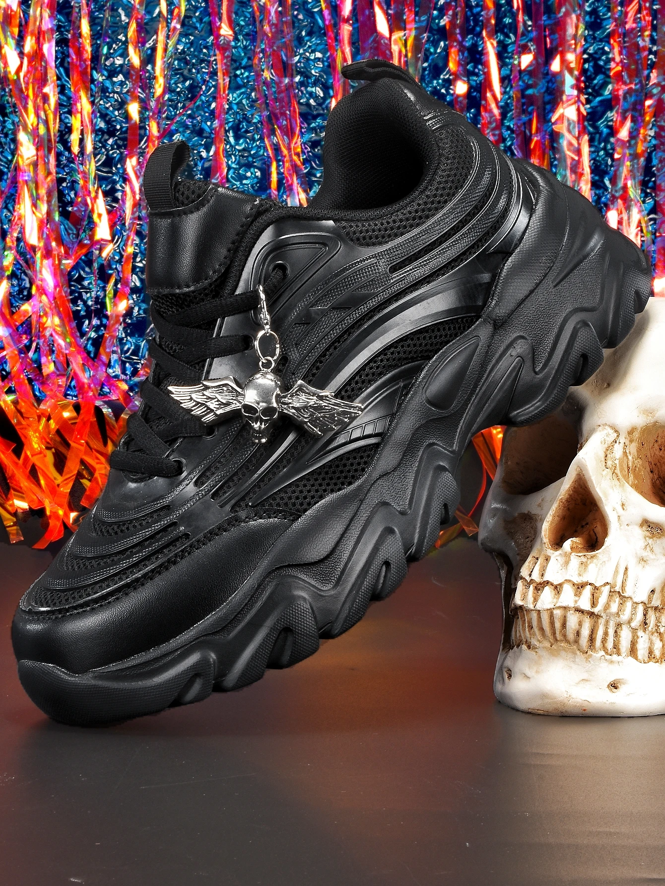 Women's Thick-Soled 5cm Height-Increasing Dad Shoes, Dark Punk Style, Retro Silver Angel Skull Metal Decoration, Mesh Breathable Eva Irregular Sole, Black Casual Sneakers, Trendy Street Style, Unique Design, Sweet Cool Spicy Girl Student Campus Versatile Soft-Soled Comfortable Sports Shoes for Women - view 2