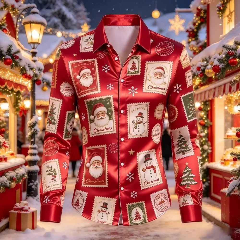 Christmas satin long sleeve shirt featuring a variety of Santa and animal designs, perfect for holiday wear Fast shipping