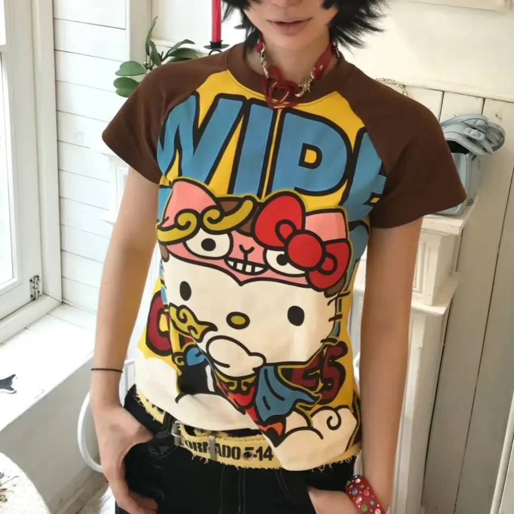 

Горячая футболка Sanrio Hello Kittys Y2K для детей/взрослых, летняя модная футболка в стиле аниме с мультяшным принтом, готическая спортивная рубашка с короткими рукавами High Street