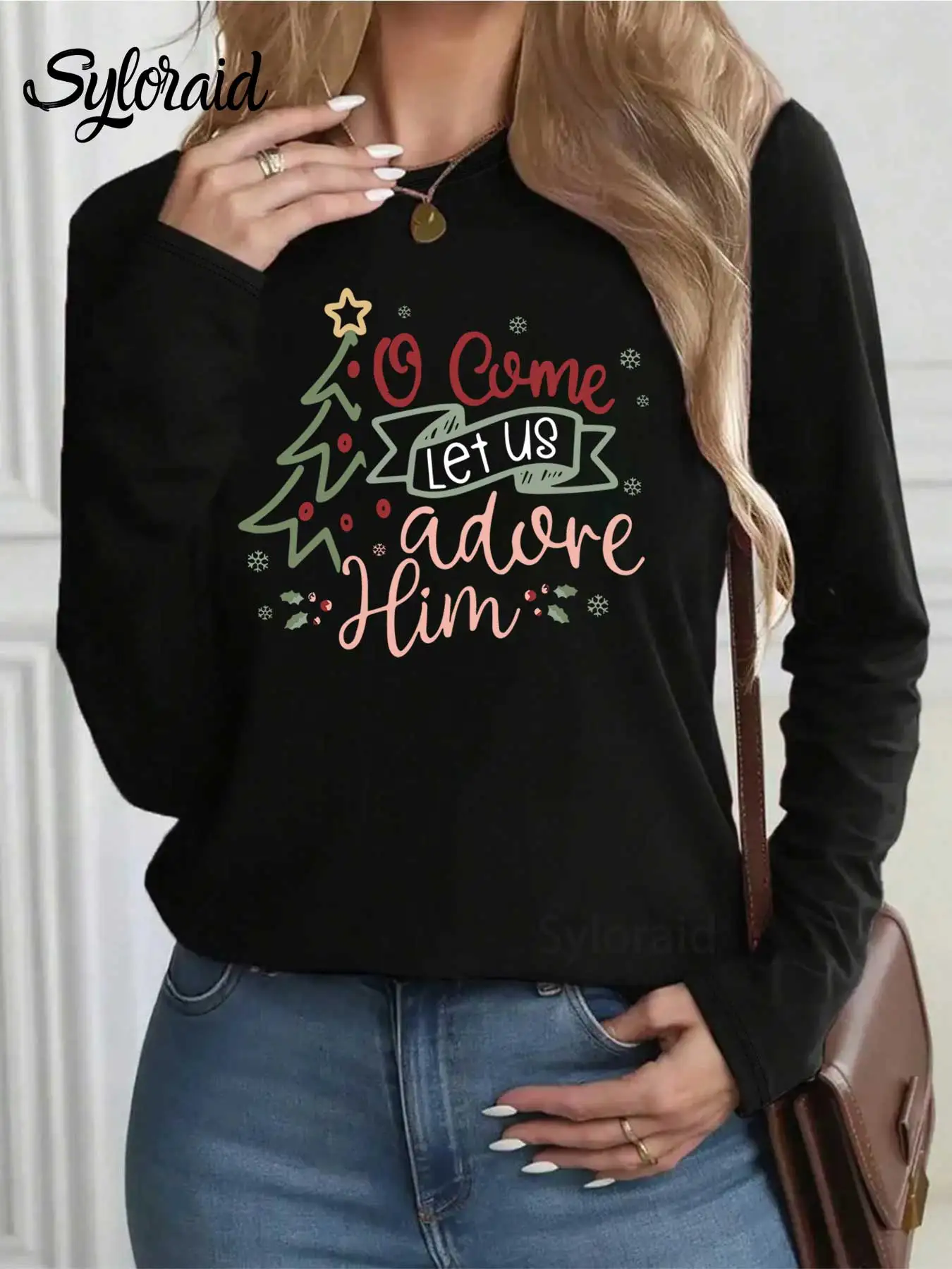 Dames T-shirt met lange mouwen "O Come Let Us Adore Him" Kerstboom Print T-shirt Mode Ronde Hals Casual Top