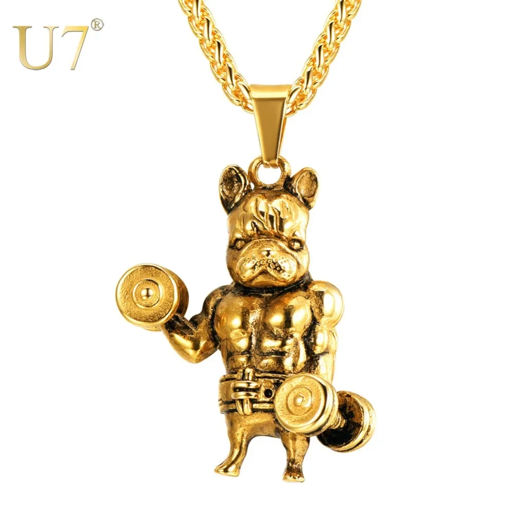 U7 Fitness Muscle Dog Pendant Necklaces 316L Stainless Steel Link Chain for Animal Lover Women / Men Jewelry QC24