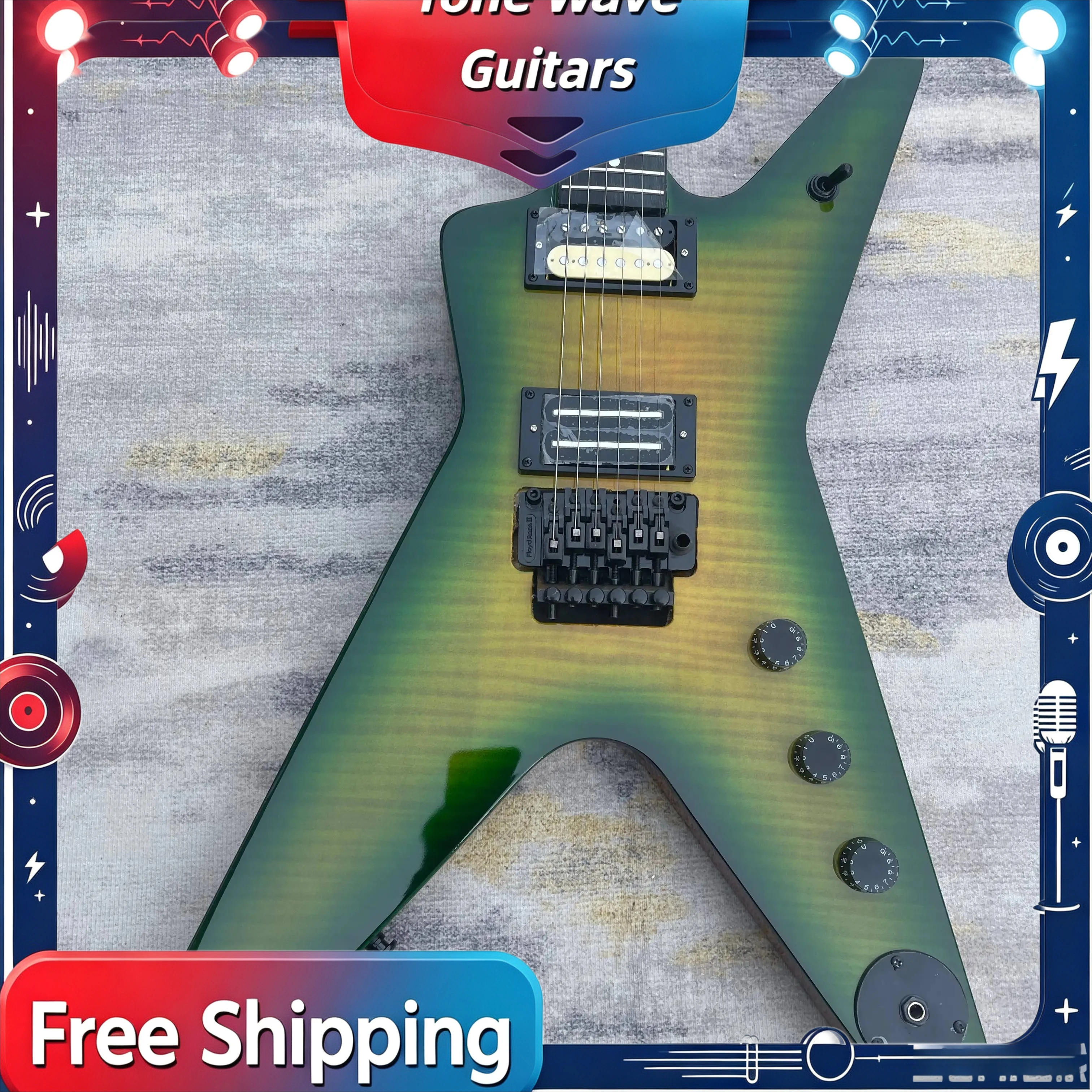 New Green and Yellow Tiger Pattern Gradient V-shaped Double Shake Electric Guitar Solid Body Delivery Included