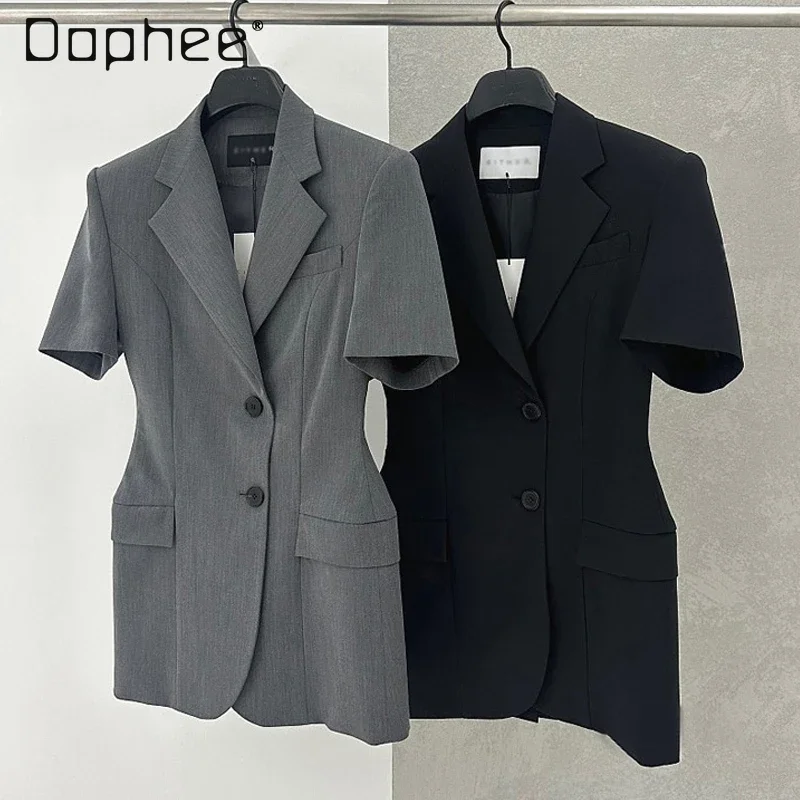 

2024 Summer Small Blazer Jacket Women Korean Style Chic Short Sleeved Casual Slim Double Button Suit Top Coat Female Clothes