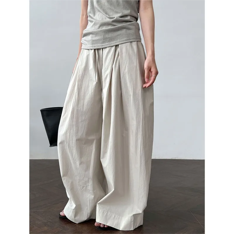 

Johnature Casual Simple Cotton High-waisted Versatile Lace-up Straight-leg Pants Women Summer New Thin Casual Wide-leg Trousers