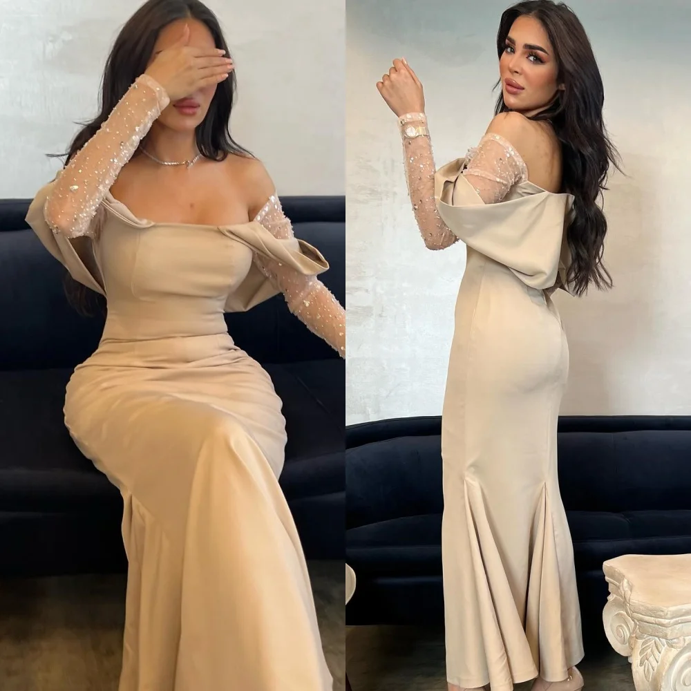 

Customized Exquisite Off the ShoulderCrystal Detachable Sleeve Evening Dress High Quality Jersey Prom Dresses Modern Party Gowns