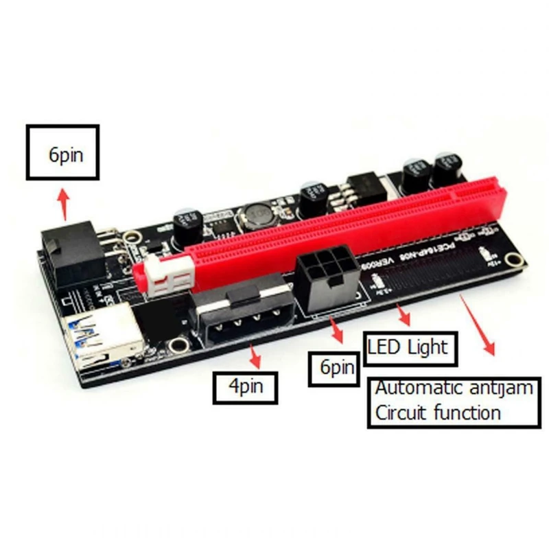 PCI-E Pcie Riser 009 Express 1X a 16X extensor PCI E USB Riser 009S tarjeta adaptadora Dual de 6 pines SATA 15 pines para minero de Bitcoin