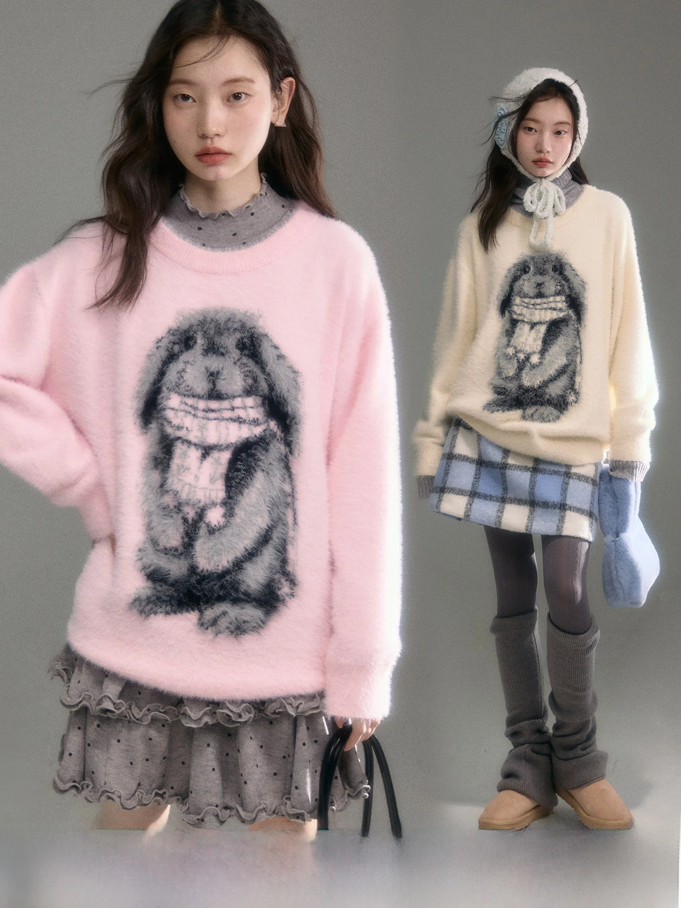 

Свитер с длинными ушками в виде кролика, оригинальный дизайн, с шарфом, цвет кролика, длинные уши, искусственный мех норки, пушистый трикотаж