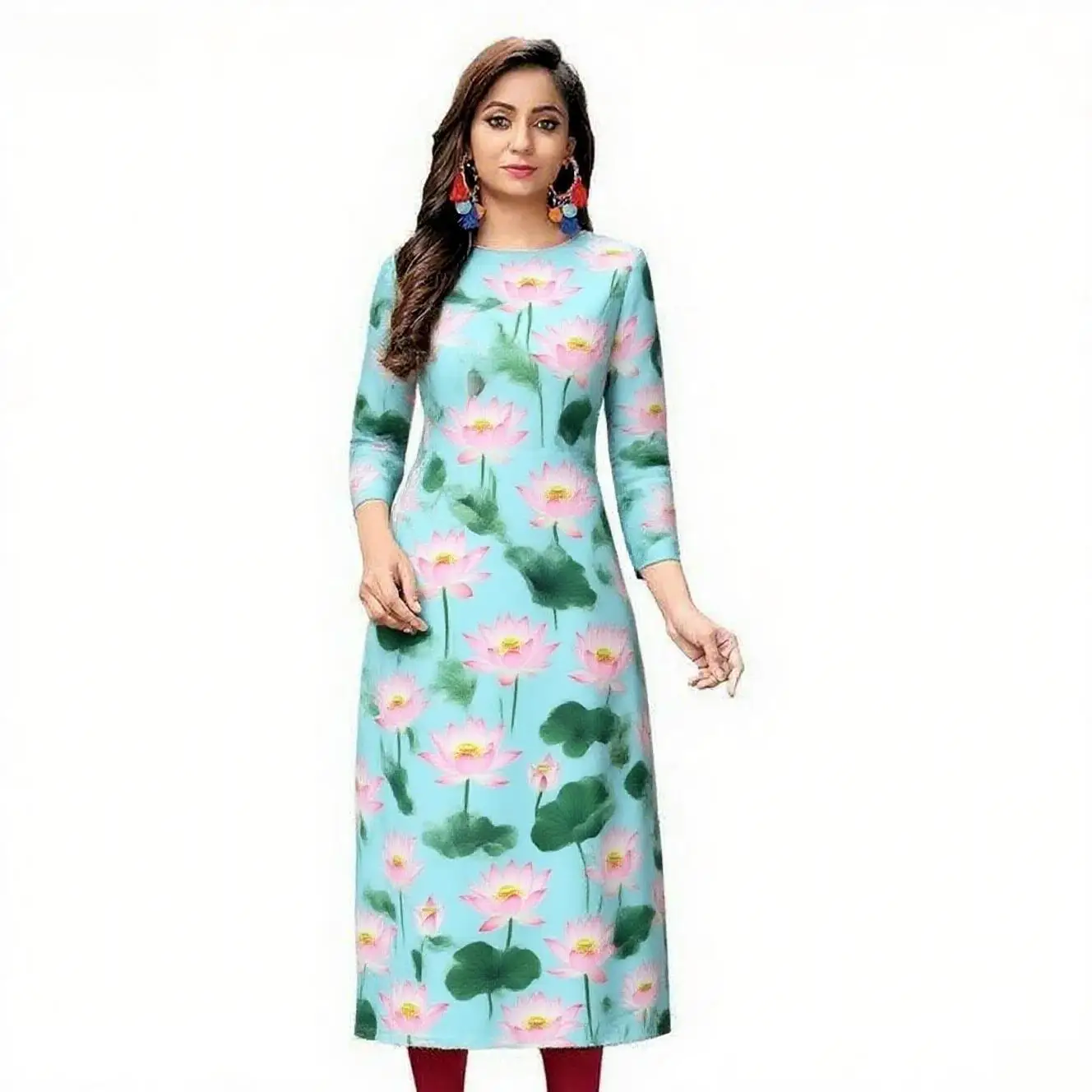 Dress kurt women's fashionable and elegant long sleeved straight tube casual round neck pattern