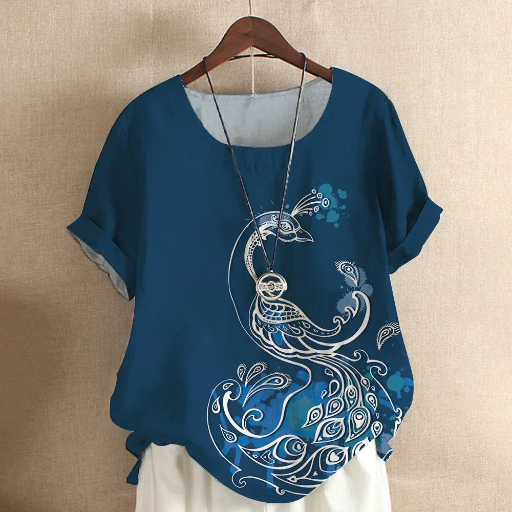 Summer fashion 3D peacock print round neck short-sleeved T-shirt Y2K casual loose women's new T-shirt white shirt plus size top image 4