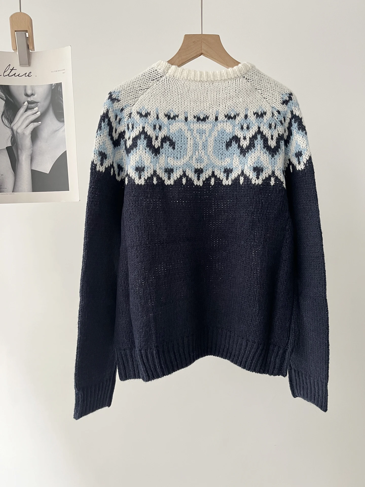 Winter temperament elegant Fair Island plaid round neck long-sleeved pullover knitted sweater 51c