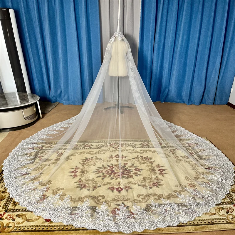 

New Long Lace Decal Wedding Mantilla Veil 1 Layer 3M 4M 5M Cathedral Length Luxurious Bridal Veil Bridal Veil Accessories