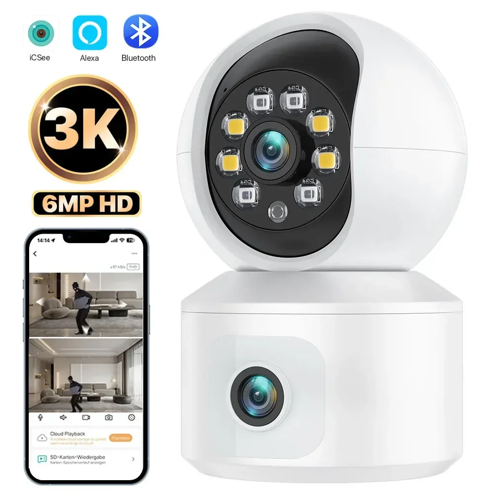 6MP WiFi IP Camera Dual Lens Dual Screen Baby Monitor Home Security Camera PTZ Auto Tracking CCTV Video Surveillance iCsee