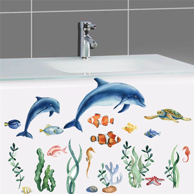 Colourful Fishes Shark Turtle Sealife Wall Sticker For Kids Room Bathroom Decoration Diy Ocean Mural Art Home Decals Pvc Poster