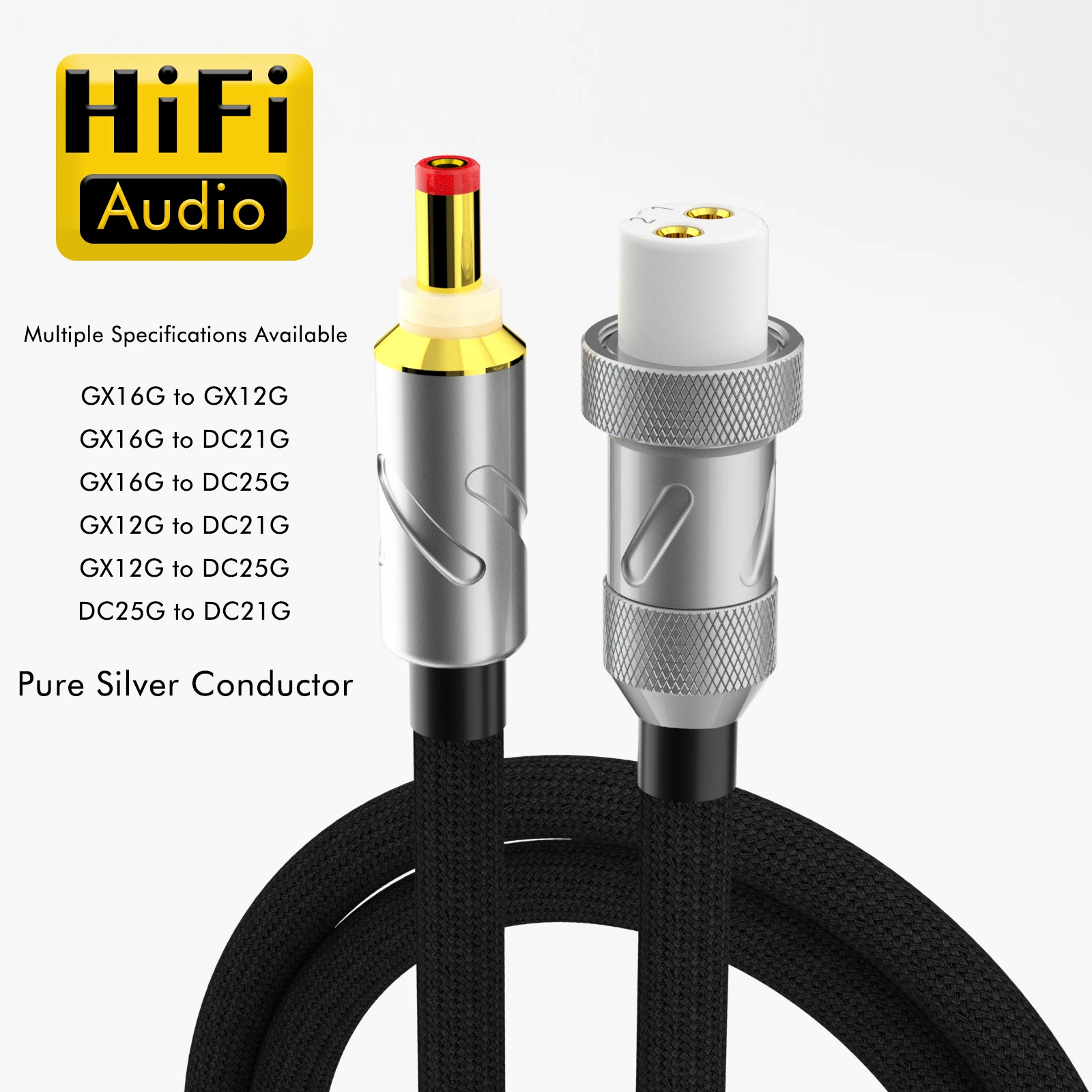 Monosaudio Pure Silver GX12 GX16 2Pin to DC2.1 DC2.5MM Phono Amplifier Cable AC/DC 5.5*2.1mm Linear Power Supply Cable