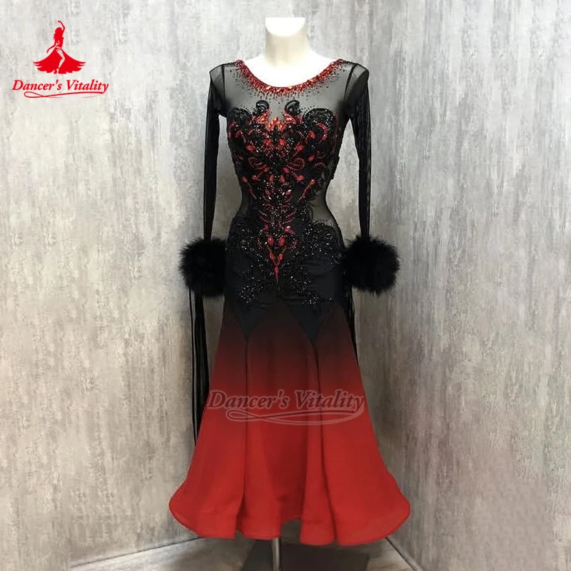 Standard Social Dance Gradient Color Long Sleeves Backless Dresses Dancer's Vitality Adult Waltz Tango Perform Clothes Customize