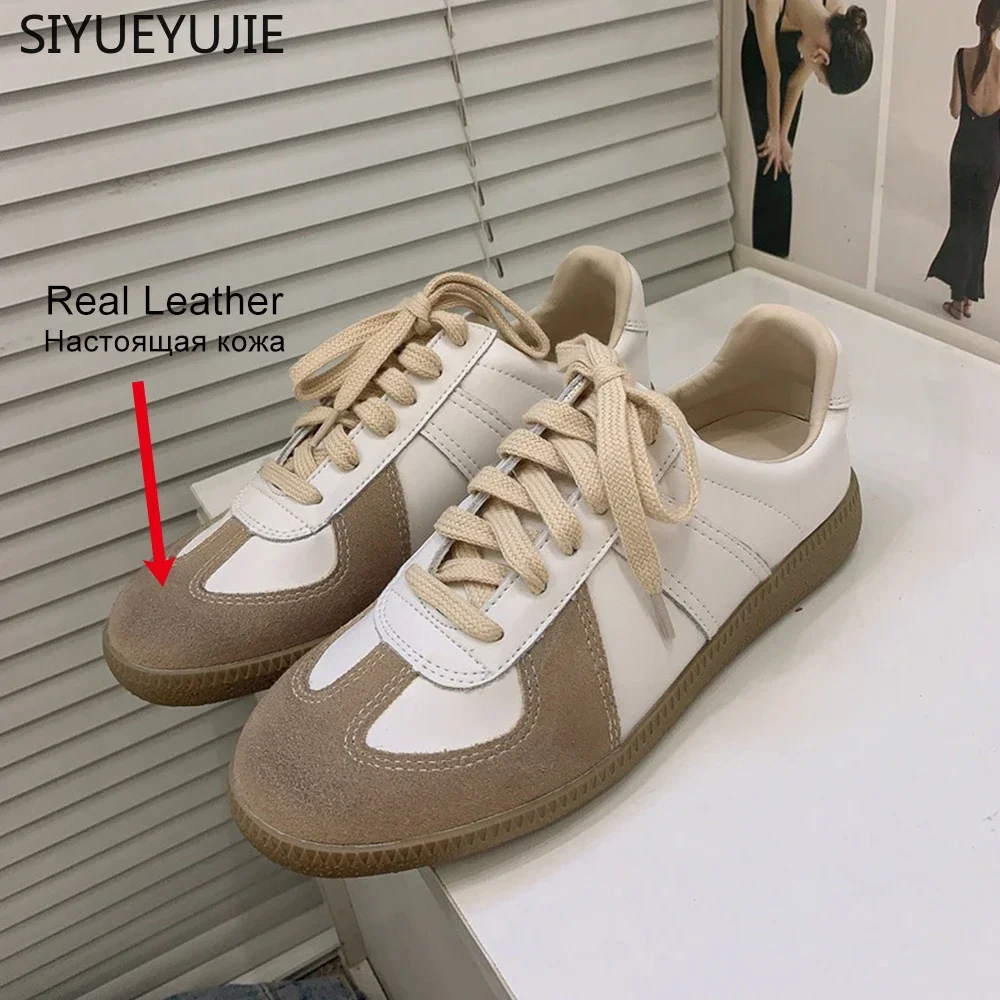 siyueyujie Size 35-40 Real Leather Women Casual Sneakers Breath Tennis Athletic Flats Shoes Low Heels Lace-Up Spring Hike Shoes