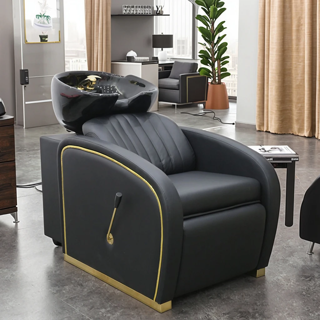 Modern Barbershop Furniture Black Gold Washing Head Spa Chair Luxury Reclining Manual Shampoo Bed Chair