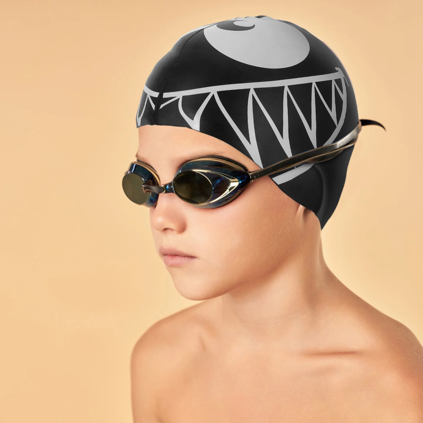 

Swim Cap Shark Silicone Waterproof Bathing Hat Ear Cover for Pool Beach Swimming Accessories Black